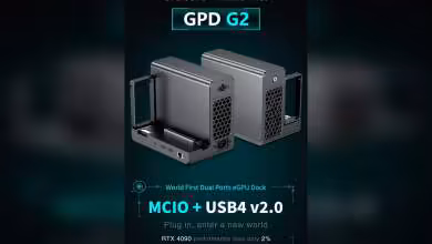 Dock GPD G2 eGPU noir avec connectiques, fond sombre, texte explicatif.