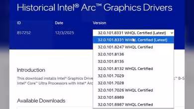 Dropdown menu pilotes graphiques Intel Arc versions multiples fond bleu.