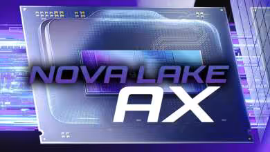 Image conceptuelle Intel Nova Lake-AX avec thème technologique et fond violet.