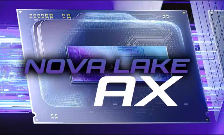 Intel Nova Lake-AX : iGPU 48 cœurs Xe et socket LGA 4326 XXL dévoilés 1 Image conceptuelle Intel Nova Lake-AX avec thème technologique et fond violet.