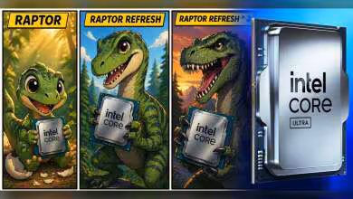 Illustrations de dinosaures Raptor tenant des processeurs Intel Core, tout à côté d'un Intel Core Ultra.