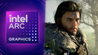 Personnage de jeu vidéo à côté d'un logo Intel Arc Graphics sur fond violet.