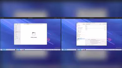 Écrans virtuels KDE Plasma affichant deux bureaux séparés sur fond bleu avec applications ouvertes.