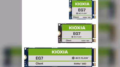 SSD Kioxia EG7 NVMe en trois tailles, étiquette blanche et verte, pour applications clients.