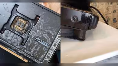 Photo d'un GPU ASUS ROG Strix RTX 5090 endommagé par liquide, fond contrasté