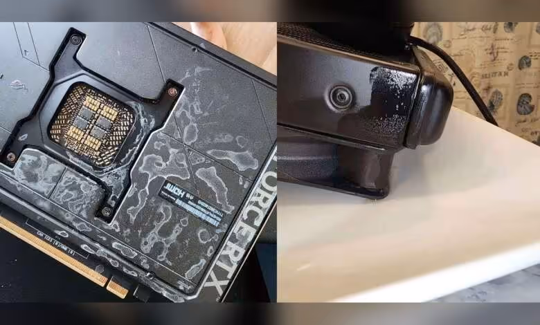 Photo d'un GPU ASUS ROG Strix RTX 5090 endommagé par liquide, fond contrasté