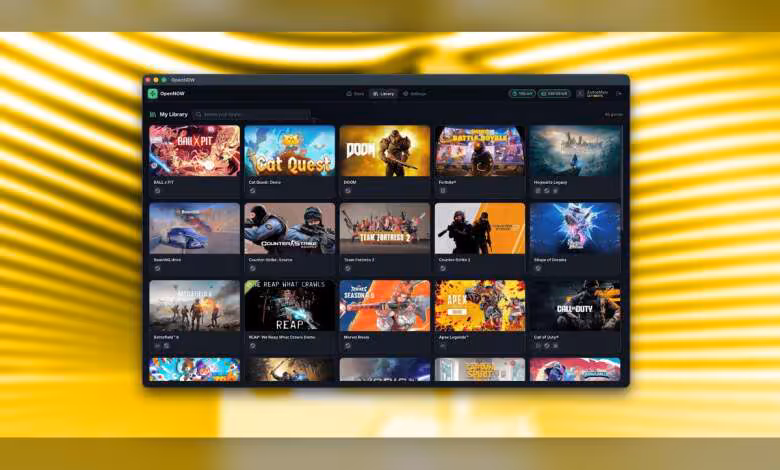 OpenNOW : un client open-source pour GeForce NOW qui lève plusieurs limites 1 Écran affichant une bibliothèque de jeux avec plusieurs vignettes de titres populaires dans une interface sombre.
