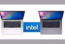 Deux MacBook Pro ouverts avec logo Intel au centre