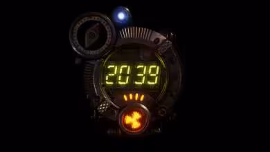 Compteur steampunk lumineux affichant "2039" avec contrastes forts sur fond noir