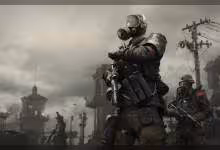 Soldat en tenue de survie et masque à gaz dans un paysage post-apocalyptique.