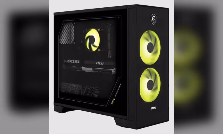 MSI MAG Infinite S AI 2nd : Core Ultra 7 265 et GeForce RTX 5070 Ti pour un desktop évolutif 1 Boîtier MSI MAG Infinite S AI avec ventilateurs avant illuminés et branding MSI visible.