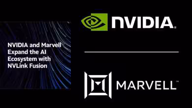 Logos NVIDIA et Marvell avec texte sur l'expansion de l'écosystème NVLink Fusion.
