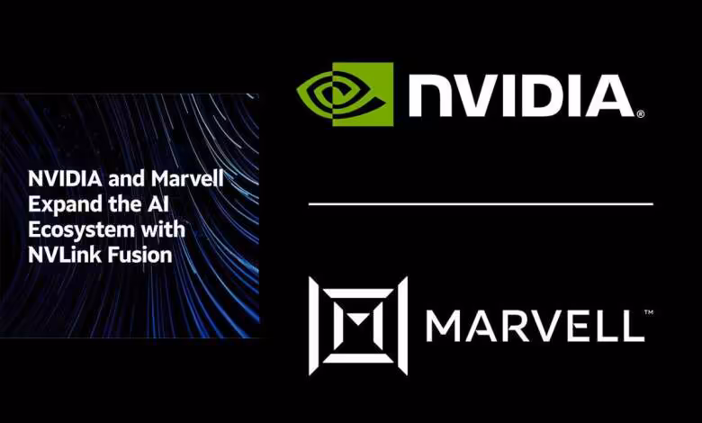 NVIDIA NVLink Fusion : investissement de 2 milliards $ chez Marvell et partenariat élargi 1 Logos NVIDIA et Marvell avec texte sur l'expansion de l'écosystème NVLink Fusion.