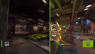 Comparaison graphique RTX ON/OFF dans un environnement de jeu, éclairage et reflets en temps réel.