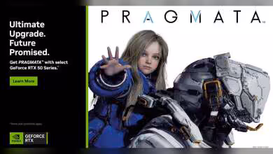 Enfant et robot en haute résolution, texte PRAGMATA avec fond contrasté noir et vert vif