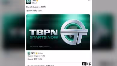 Bannière TBPN annonce acquisition par OpenAI, logo vert et texte "STARTS NOW" moderne.