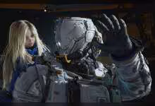 Personnages en armure futuriste dans un environnement de science-fiction