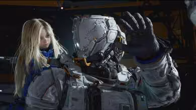 Personnages en armure futuriste dans un environnement de science-fiction