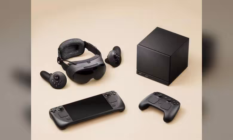 Casque VR, manettes, console et contrôle de jeu sur fond beige.