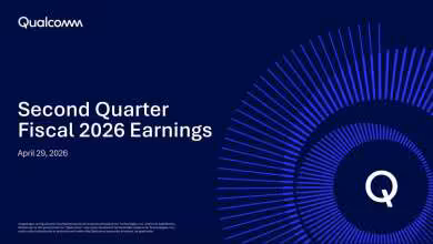 Diapositive Qualcomm pour les résultats du deuxième trimestre fiscal 2026, logo et design circulaire.