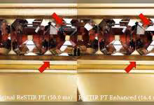 Comparaison ReSTIR PT sur surface dorée avec pierres précieuses, contraste élevé, détails marquants