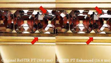 Comparaison ReSTIR PT sur surface dorée avec pierres précieuses, contraste élevé, détails marquants