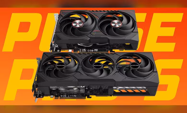 Radeon RX 9070 GRE PULSE PRO et RX 9060 XT PULSE S : Sapphire élargit sa gamme en Chine 1 Deux cartes graphiques Sapphire Pulse RX avec grands ventilateurs, fond orange vif contrasté.