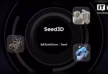 Présentation Seed3D avec modèles 3D, logos ByteDance et Seed en arrière-plan.