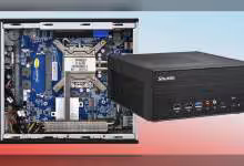 Mini PC Shuttle XB860G2 ouvert et fermé, fond dégradé bleu-rouge