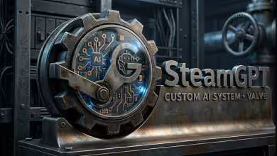 Logo SteamGPT avec engrenage métallique et circuit imprimé, texte "Custom AI System - Valve"