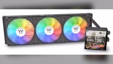 Refroidisseur Thermaltake LB360 Ultra ARGB avec écran numérique et trois ventilateurs RGB.