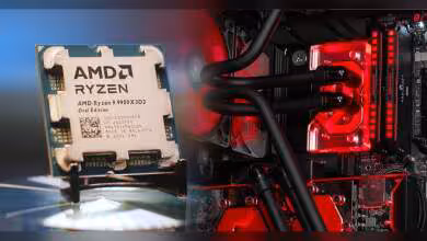 Processeur AMD Ryzen 9950X3D2 installé dans un PC avec refroidissement liquide éclairage rouge vif