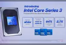 Introduction de la série Intel Core 3 avec un design futuriste et logos clairs.