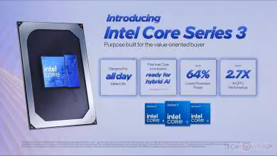 Introduction de la série Intel Core 3 avec un design futuriste et logos clairs.