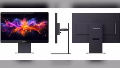 Écran Zondision 3D affiché de face, profil et dos avec effets lumineux.