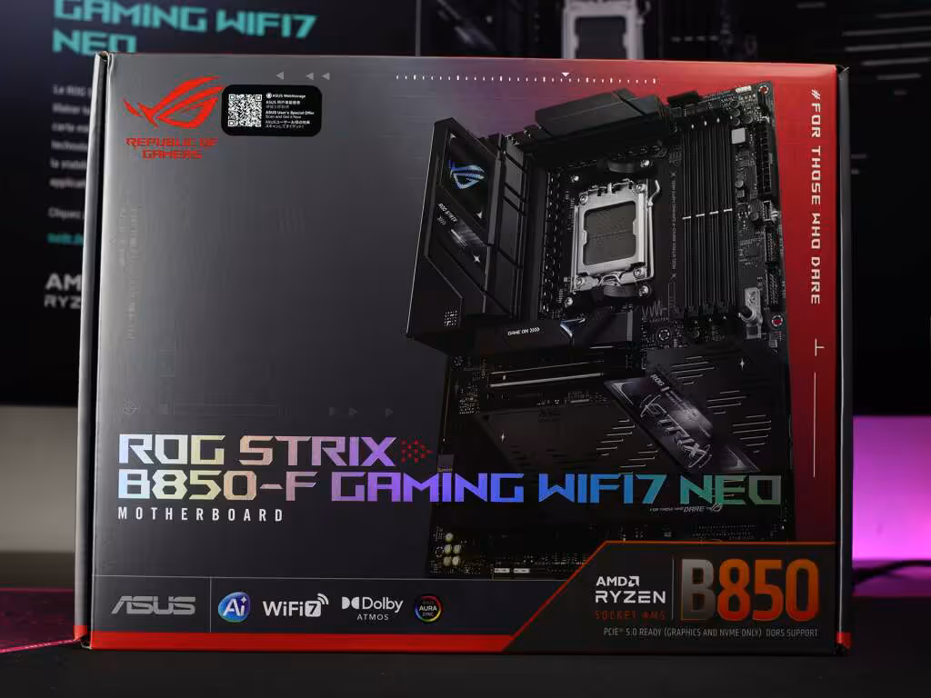 rog strix b850 f gaming wifi7 neo box recto