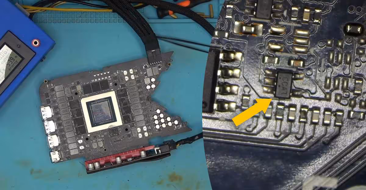 Carte graphique avec zoom sur détail d'un composant électronique, éclairée.