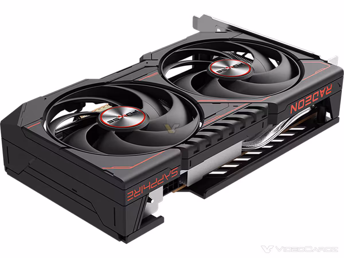 Radeon RX 9070 GRE PULSE PRO et RX 9060 XT PULSE S : Sapphire élargit sa gamme en Chine 7 Carte graphique Radeon vue diagonale, deux ventilateurs, fond blanc.