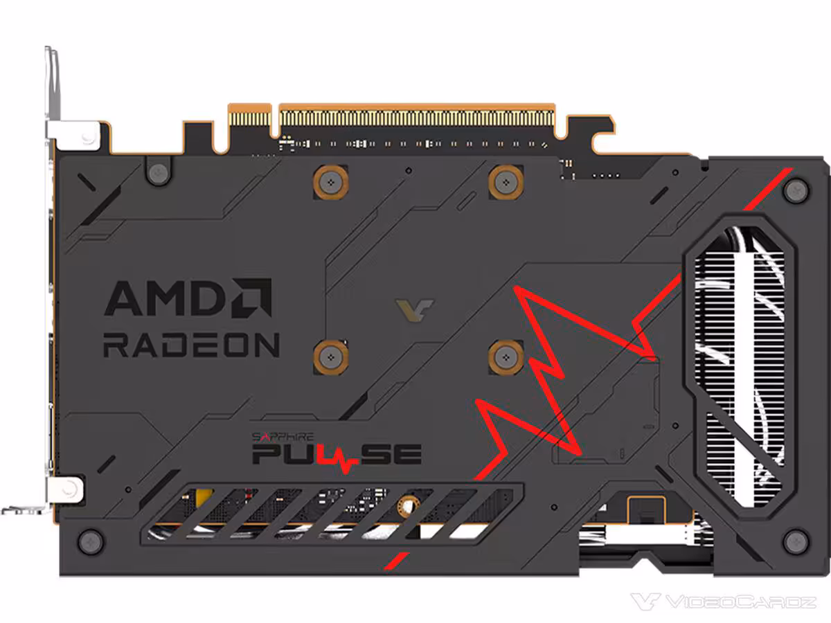 Radeon RX 9070 GRE PULSE PRO et RX 9060 XT PULSE S : Sapphire élargit sa gamme en Chine 8 Dos d'une carte graphique AMD Pulse, accents rouges, fond blanc.