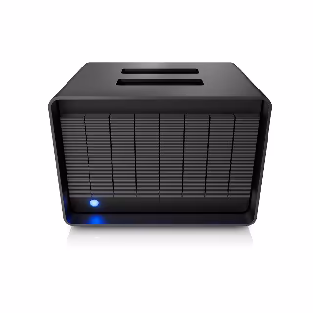 Boîtier LaCie noir, face avant avec lumière bleue et grille horizontale.