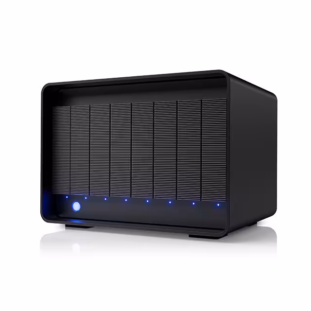 Boîtier de stockage LaCie noir avec lumières bleues, vue diagonale.