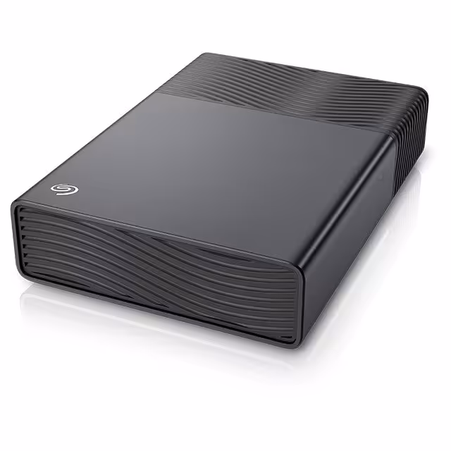 Disque dur Seagate noir avec motifs ondulés, perspective droite.