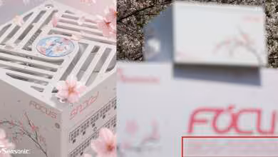 Bloc d'alimentation Seasonic avec éléments floraux, fond fleuri flou.