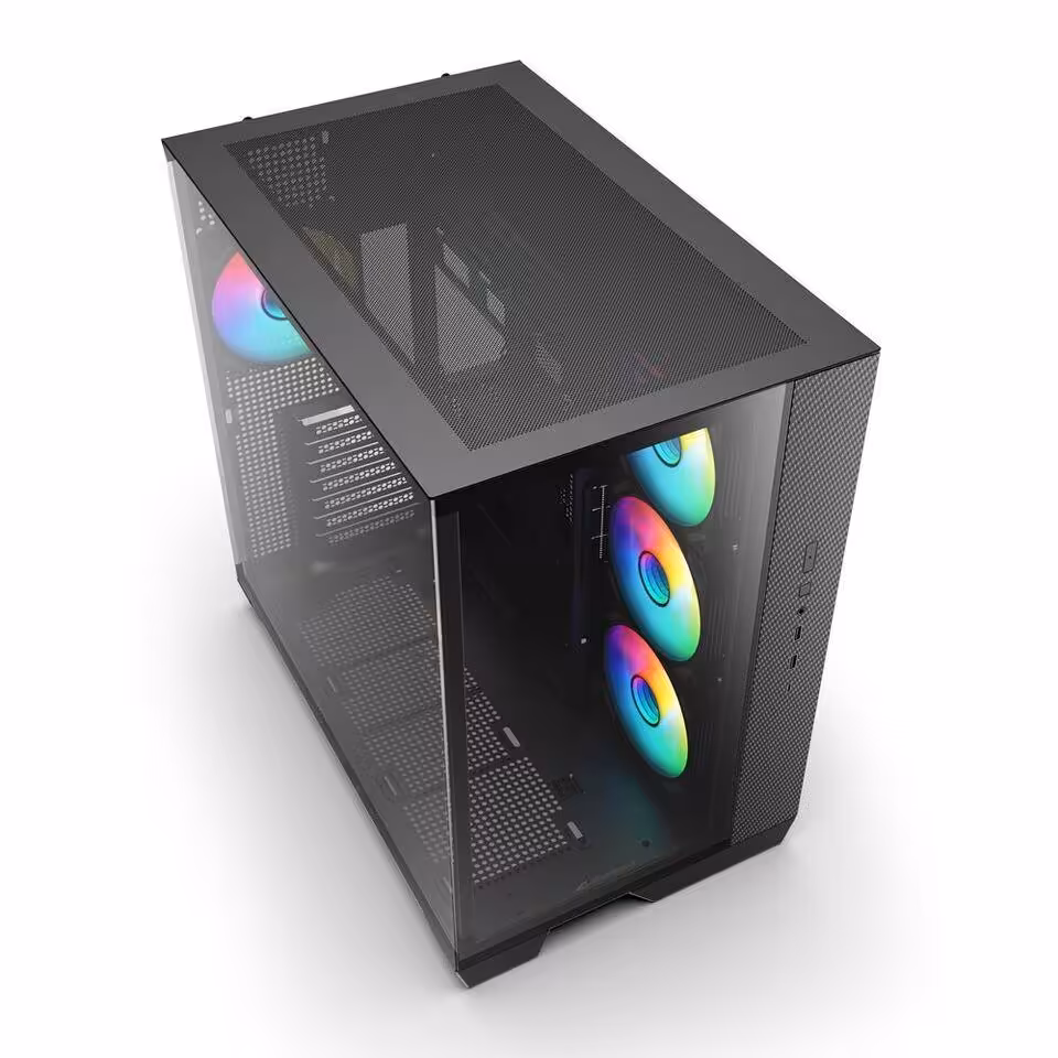 Vue en angle du dessus du boîtier Sharkoon Steel Shark avec ventilateurs RGB.