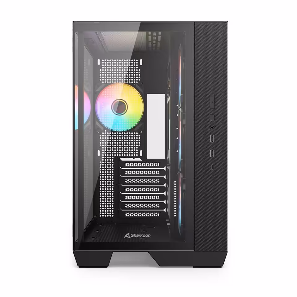 Face avant du boîtier Sharkoon Steel Shark montrant ventilateurs RGB et panneau en verre.