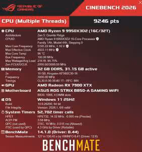 Capture statistiques Cinebench 2026, multi-thread, fond rouge