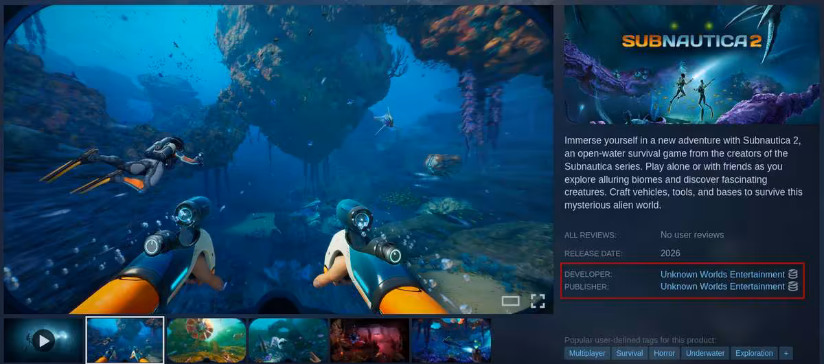 Interface de téléchargement Steam pour Subnautica 2 avec captures d'écran de gameplay.