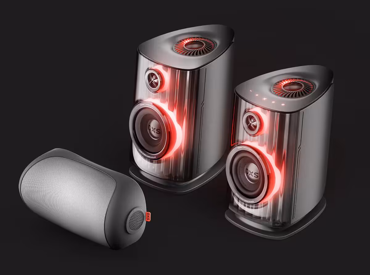 Système OXS Thunder Duo avec haut-parleurs et subwoofer sur fond noir.