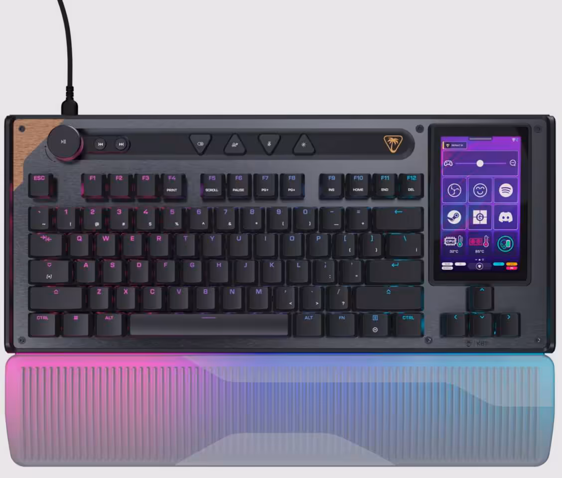 Clavier Turtle Beach vu de dessus avec écran tactile.