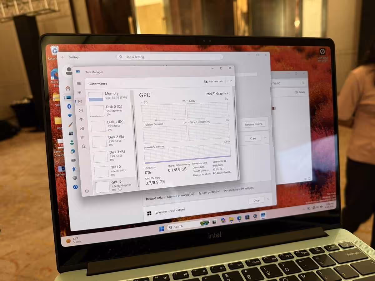 Écran de l'ordinateur portable affichant les performances GPU dans un gestionnaire de tâches